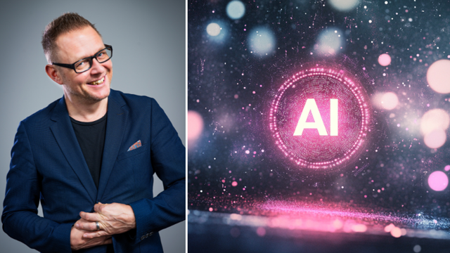 Kollage med porträttbild av Dennis Westerberg till vänster. Till höger en illustration i blått, vitt och rosa med texten AI i mitten.
